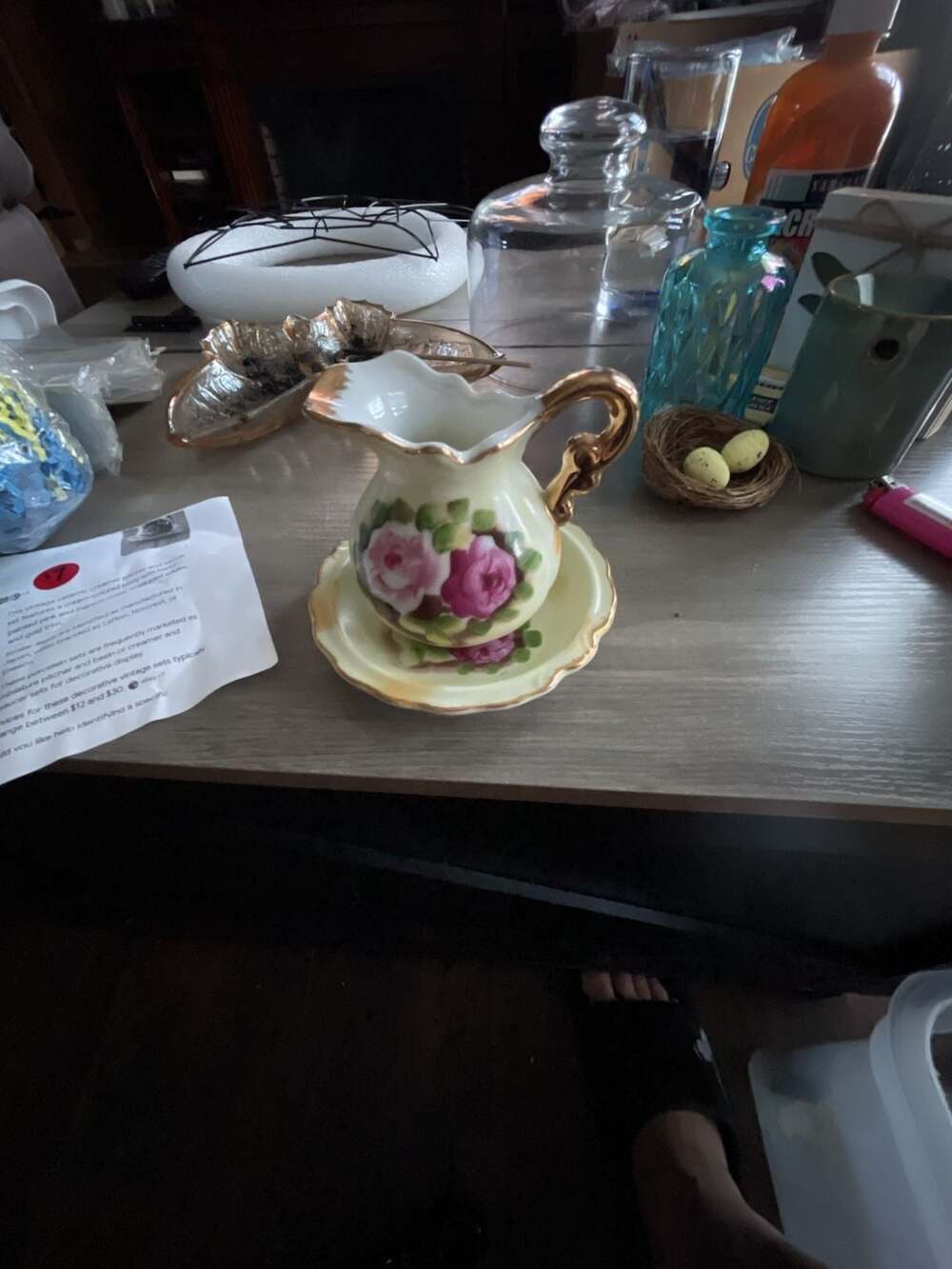 Vintage Hand Painted Rose Pitcher And Saucer L-320